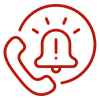 Red icon of a phone with a ringing alarm bell, symbolizing emergency contact or alert notification.