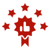 Red award badge with stars symbolizing excellence and achievement in a competitive environment.