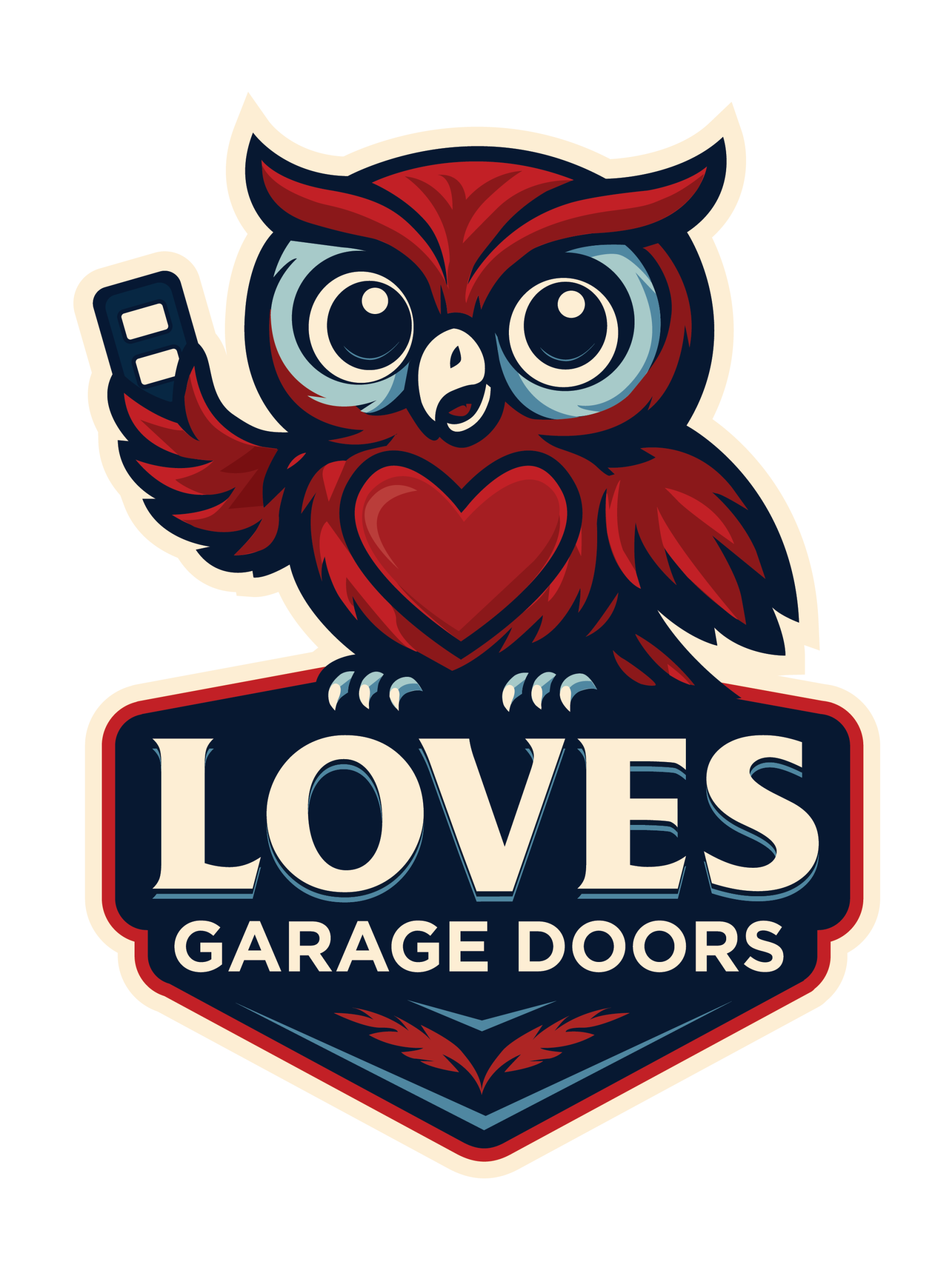 Cartoon owl with a heart, holding a remote, representing Loves Garage Doors logo in vibrant colors.