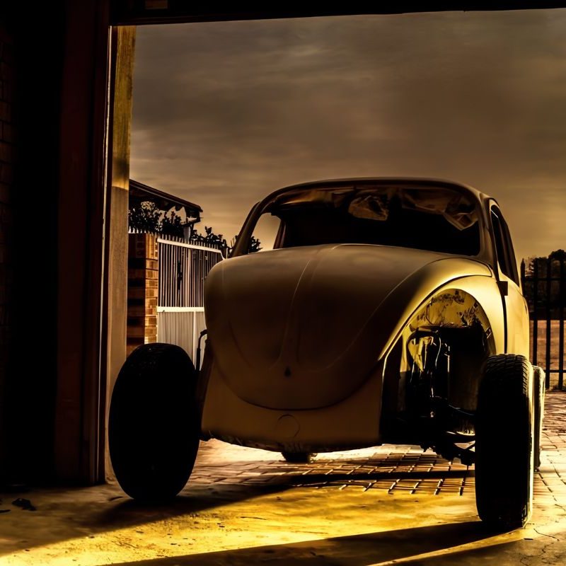 A vintage car project sits inside a garage with its door open, highlighting the need for regular garage door maintenance.