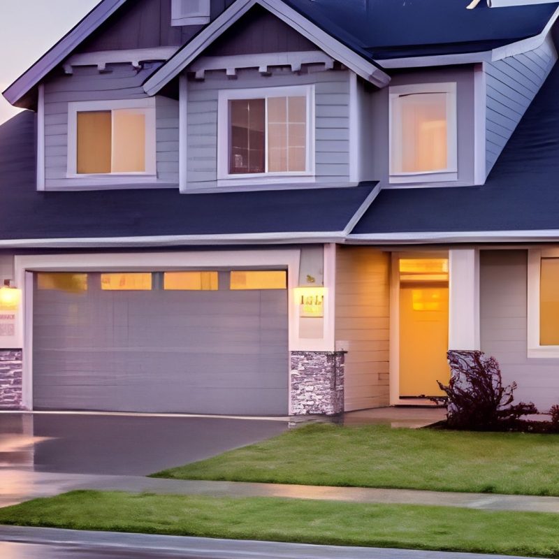 Modern two-story home at dusk with a closed double-car garage door illuminated by warm exterior lighting.