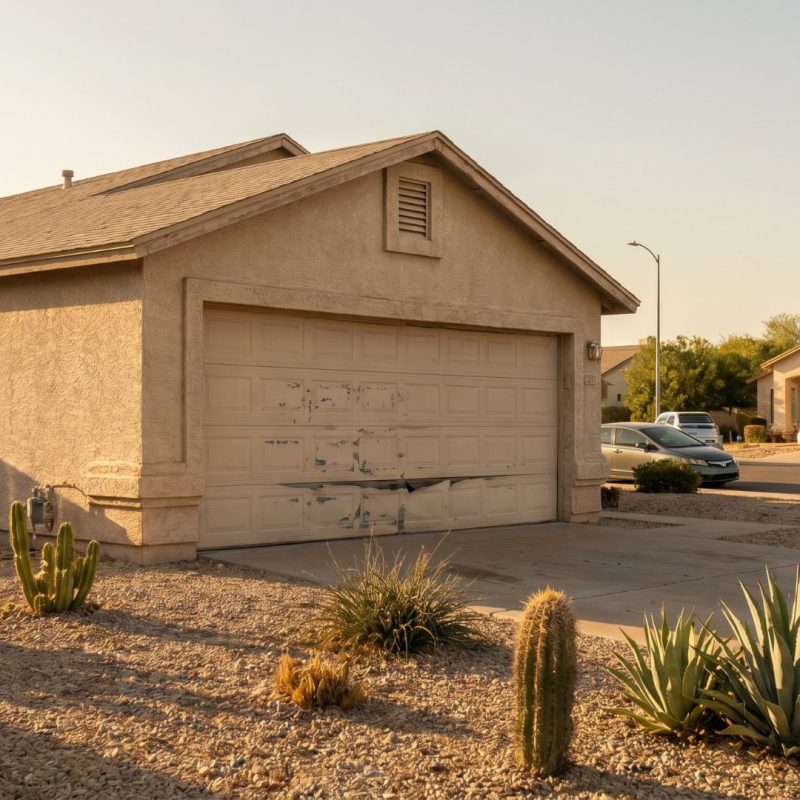 Damaged beige garage door on a Phoenix home with desert landscaping, showing a dented panel needing repair.