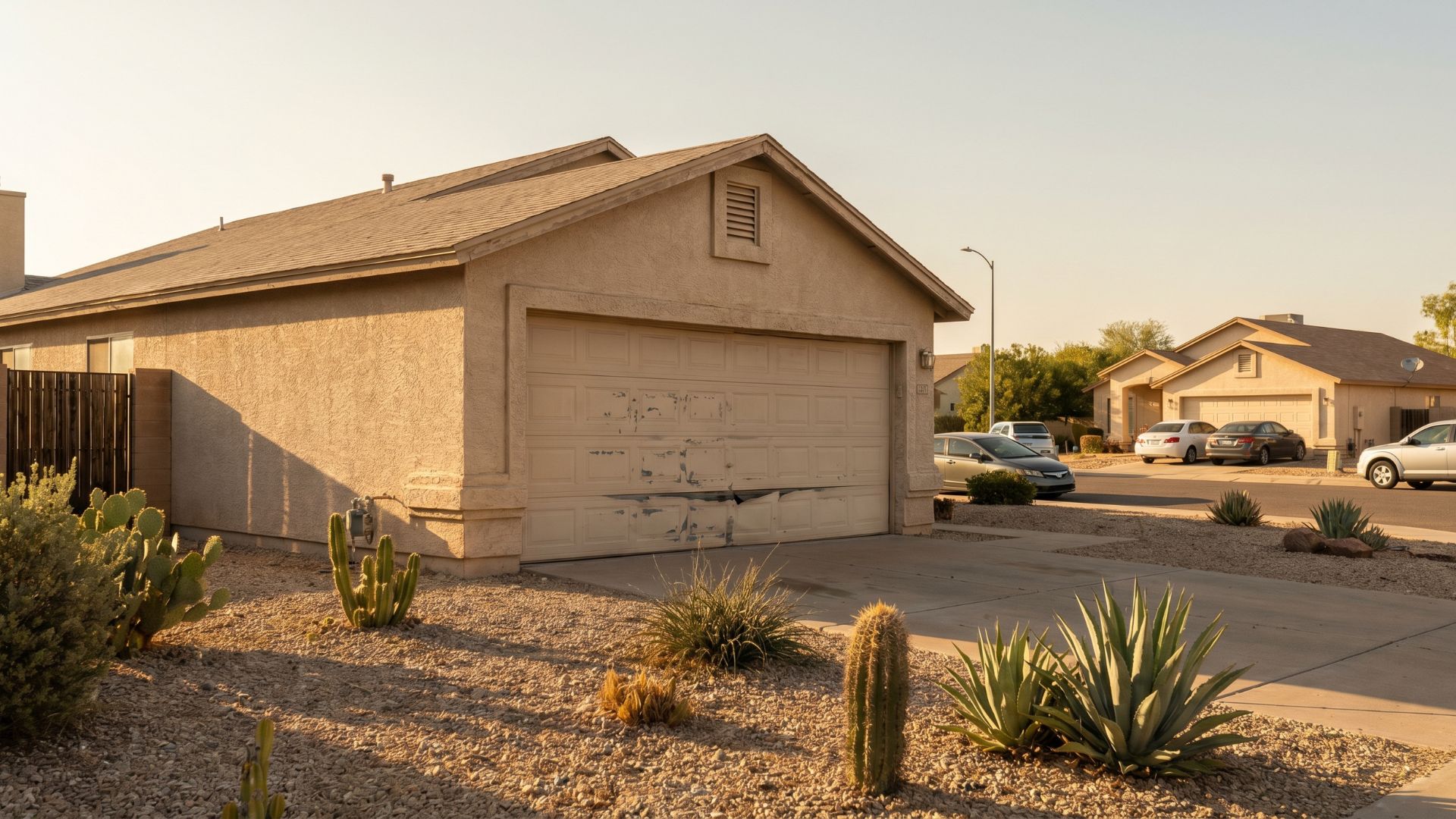 Damaged beige garage door on a Phoenix home with desert landscaping, showing a dented panel needing repair.