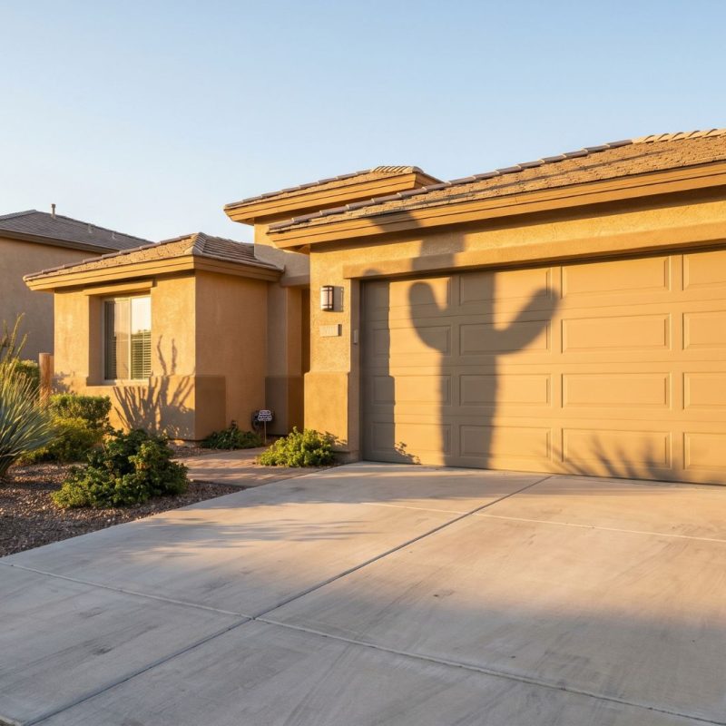 A beige garage door on a Phoenix home with a cactus shadow cast across it during sunset.