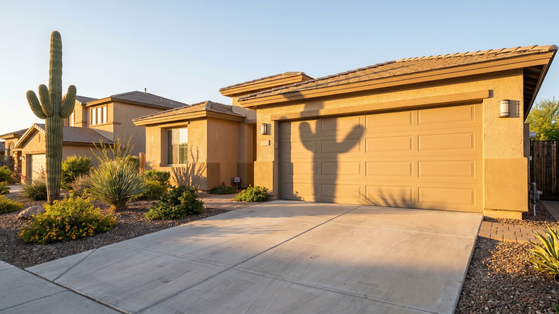 A beige garage door on a Phoenix home with a cactus shadow cast across it during sunset.