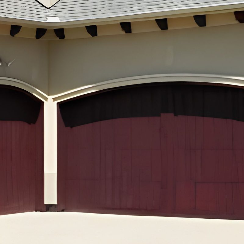Two well-maintained dark red wooden garage doors on a stucco home, highlighting the benefits of preventive care.