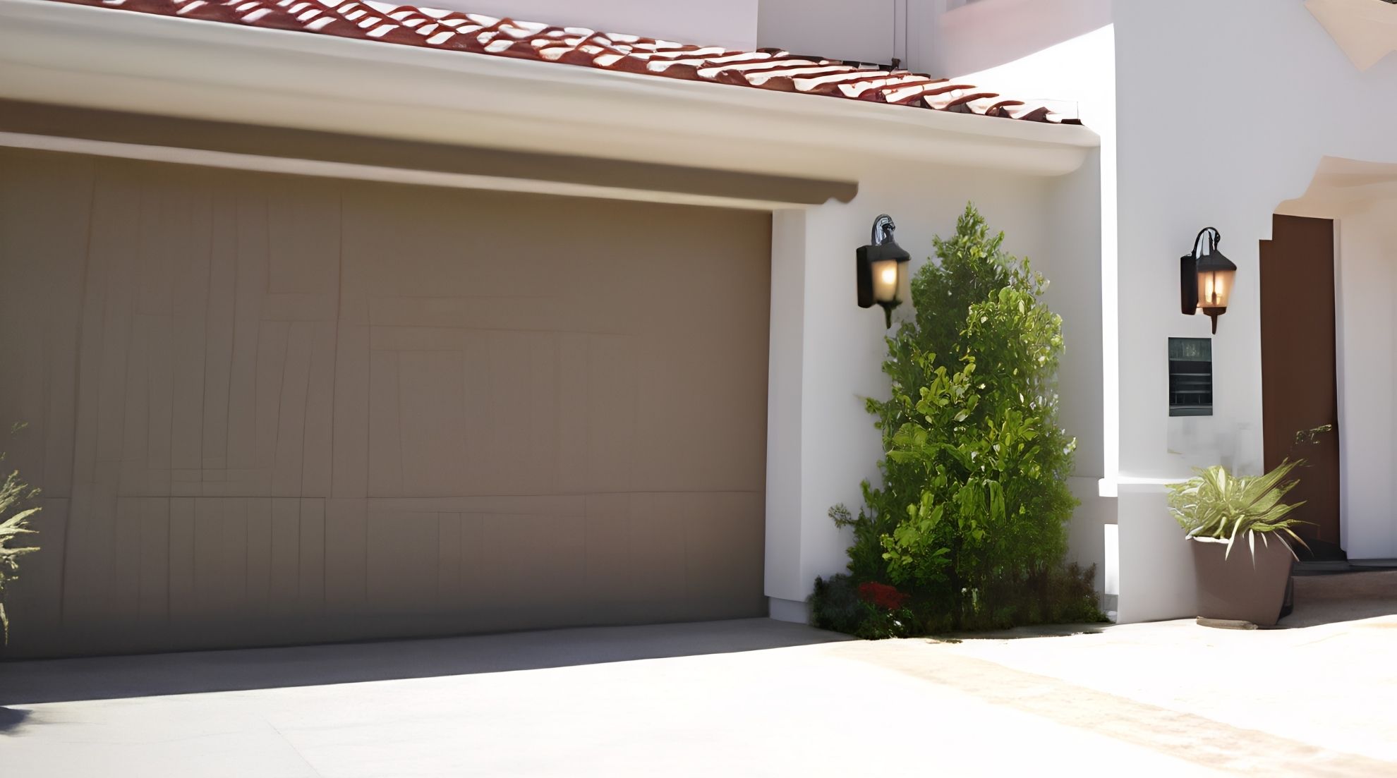 Modern beige garage door on a white house with a green shrub, potted plant, and outdoor wall lanterns.