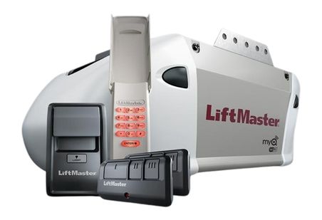 LiftMaster garage door opener system with remote, keypad, and myQ technology for smart home integration.