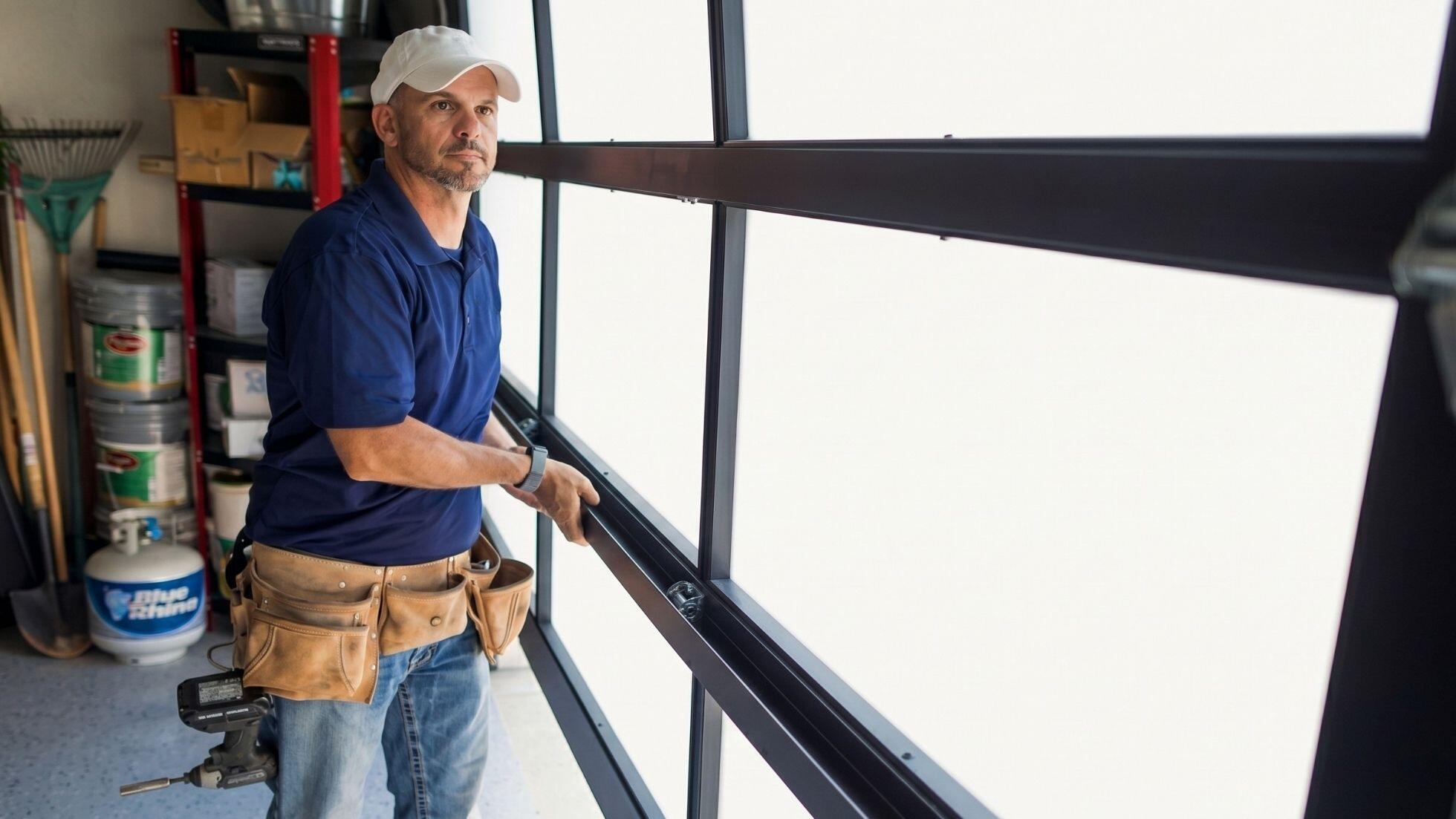 Man in a blue polo shirt and tool belt installing a garage door in a bright workspace filled with tools and supplies.