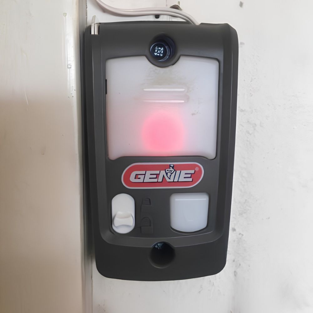 A grey Genie garage door wall console button mounted on a white wall with a glowing red light.
