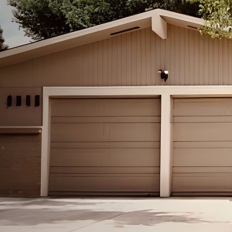Two tan garage doors on a modern home, showing clean panels free of rust and damage.