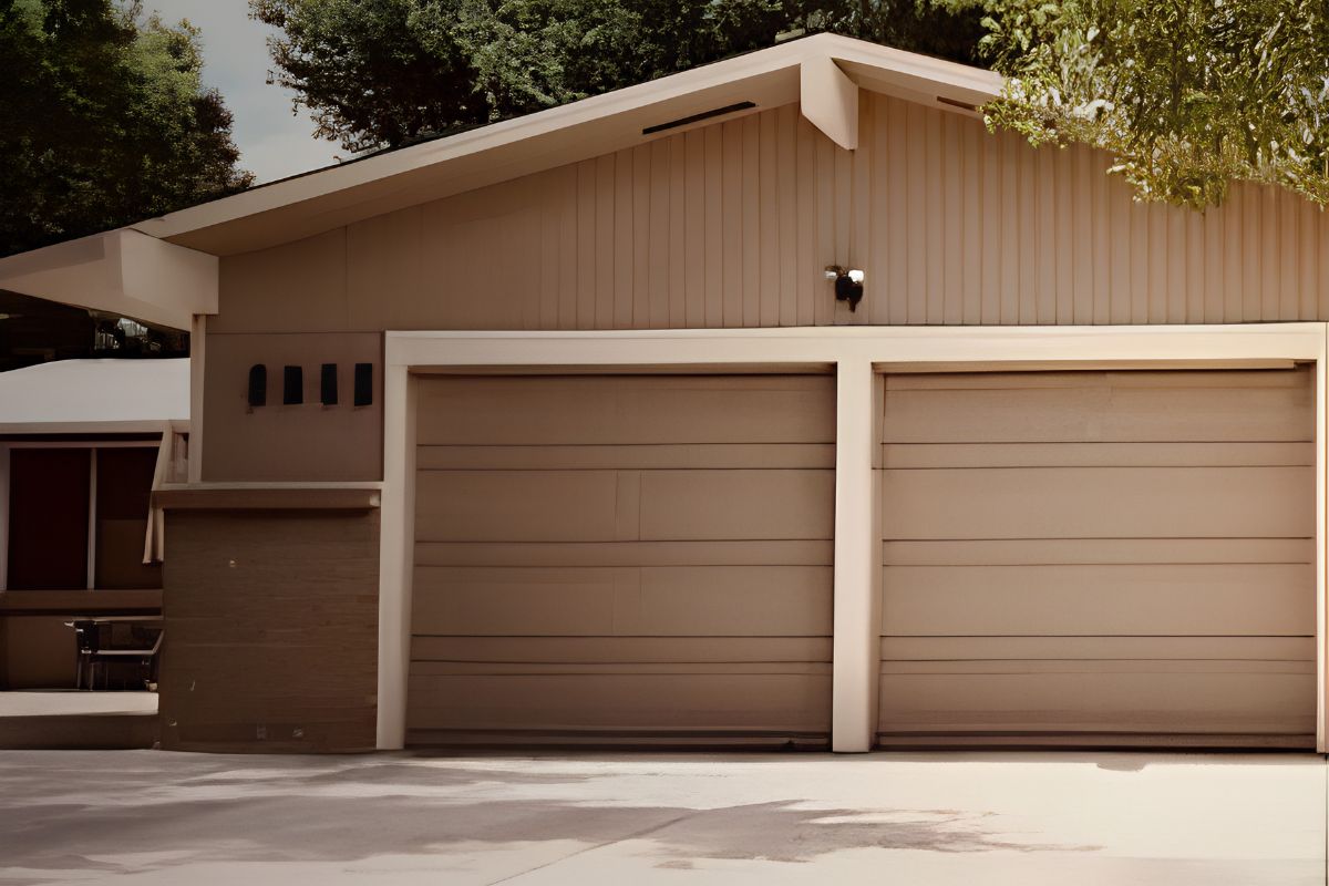 Two tan garage doors on a modern home, showing clean panels free of rust and damage.