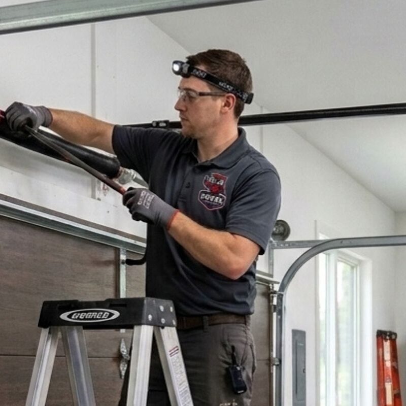 Technician repairing a garage door spring, using a ladder and safety gear in a well-lit garage.