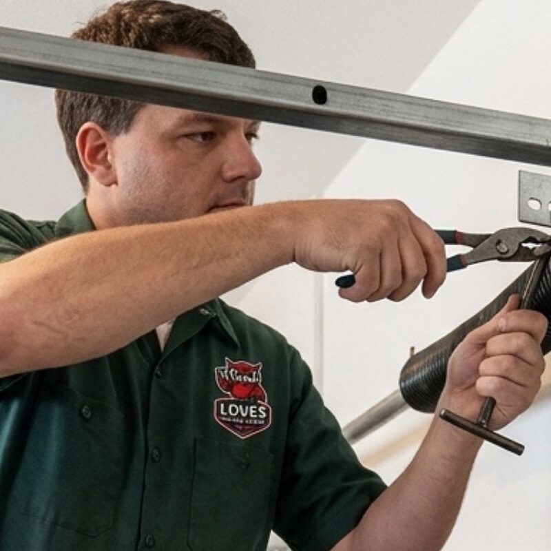 A technician repairs a garage door system using pliers and tools in a well-lit garage environment.