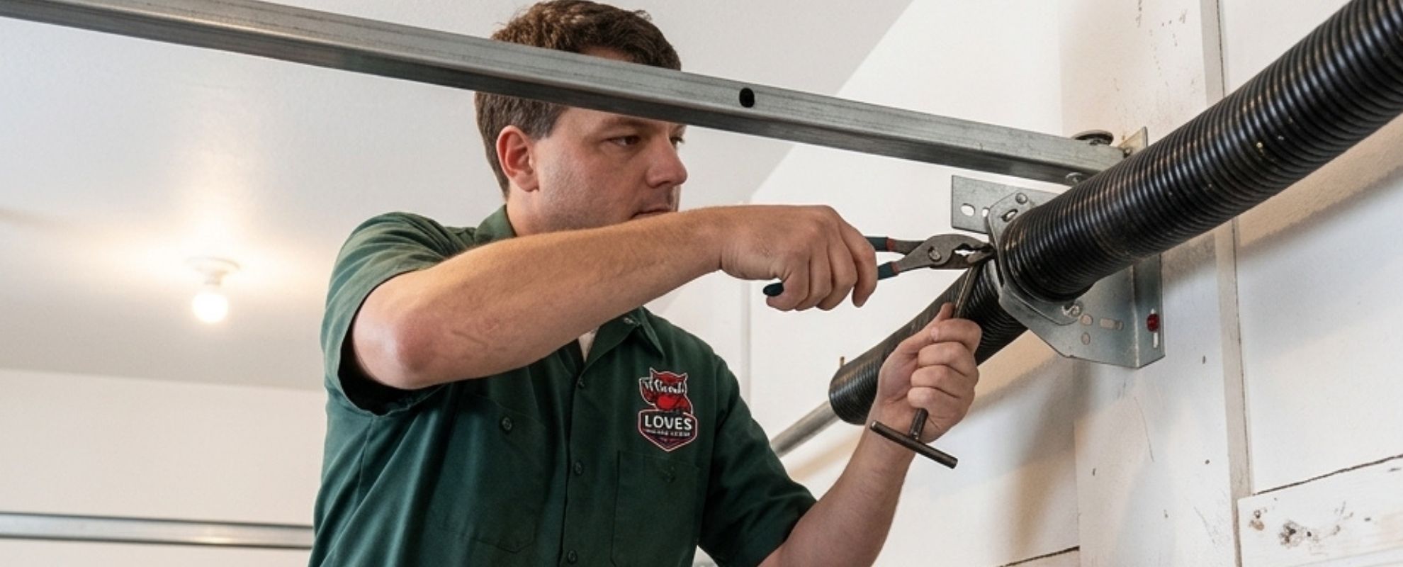 A technician repairs a garage door system using pliers and tools in a well-lit garage environment.