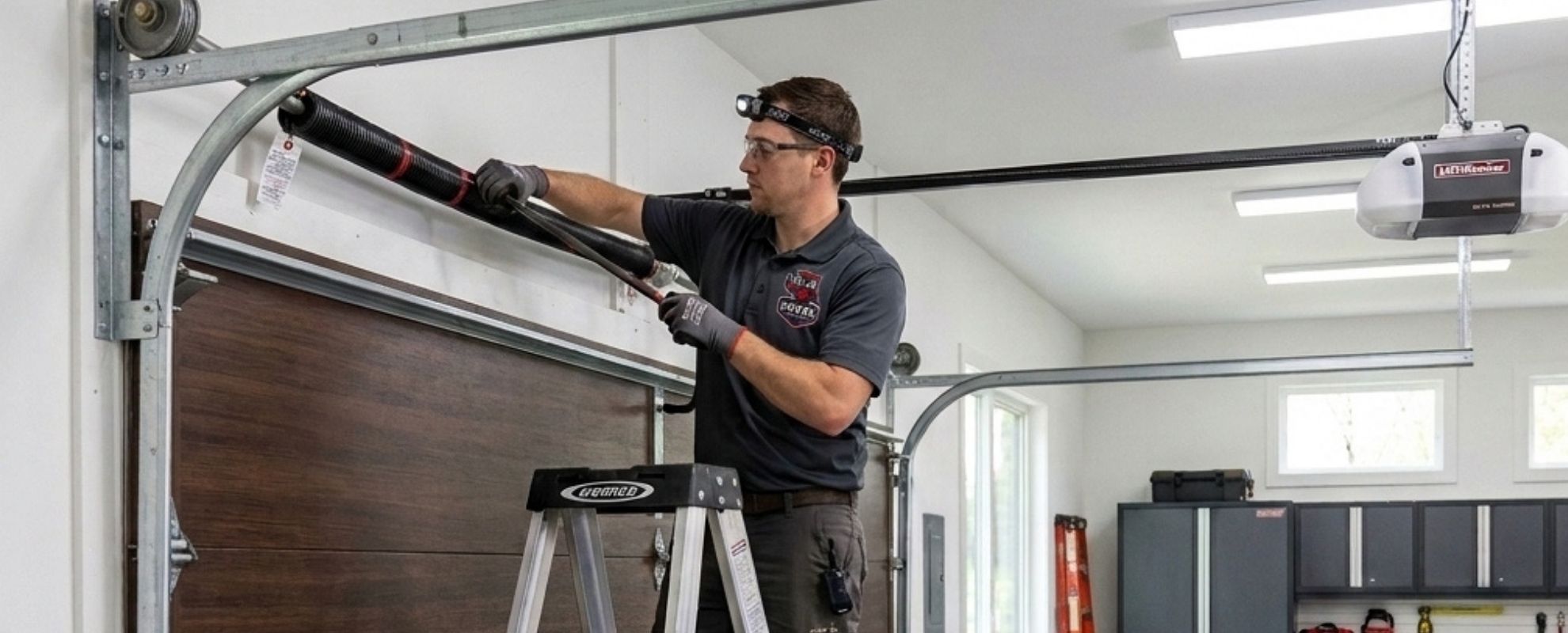 Technician repairing a garage door spring, using a ladder and safety gear in a well-lit garage.