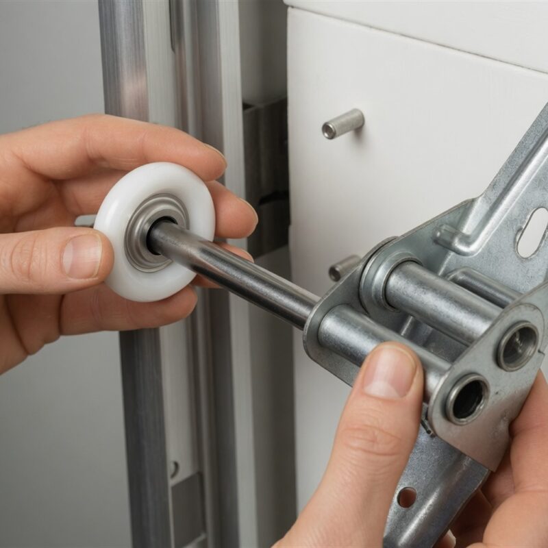 Person installing a sliding door roller and bracket, demonstrating home repair skills and maintenance techniques.