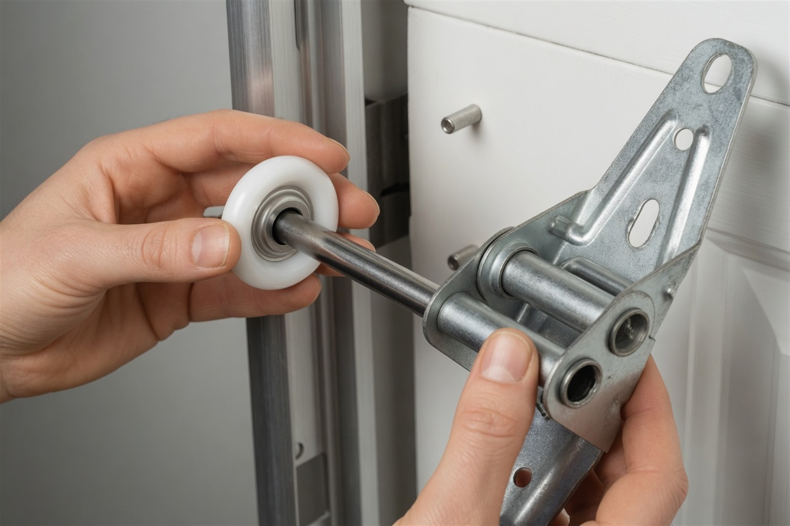 Person installing a sliding door roller and bracket, demonstrating home repair skills and maintenance techniques.